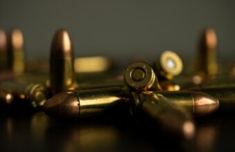 Nahaufnahme mehrerer glänzender Patronen auf dunkler Oberfläche